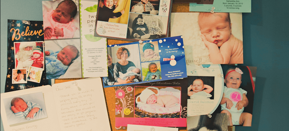 A bunch of pictures on the wall with baby photos